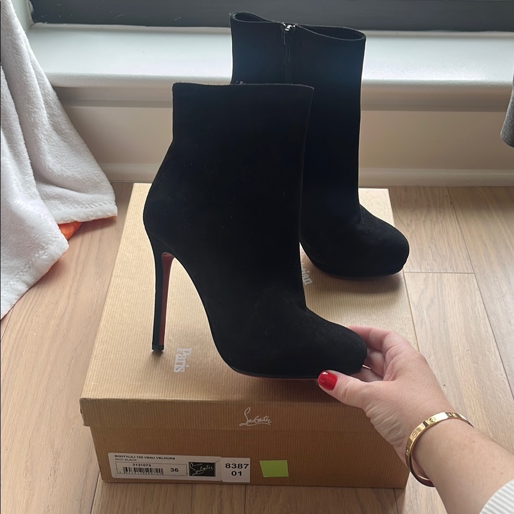 Christian Louboutin Black Suede Bootylili 120 Ankle Boots